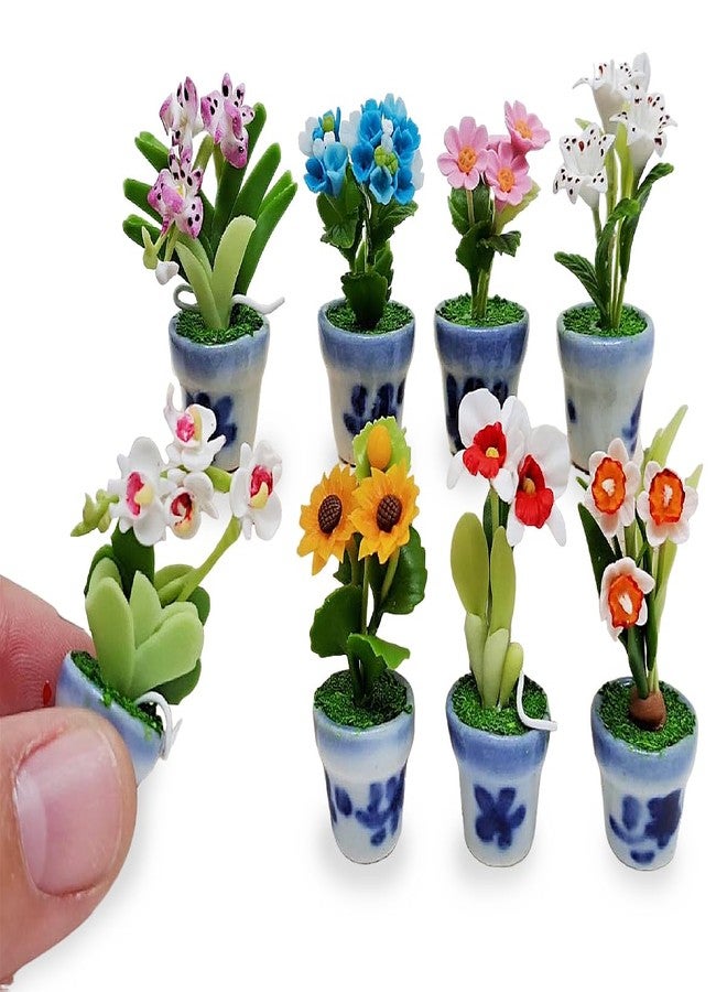 WitnyStore Tiny 2" High 8 Pieces Set Mix Hand Made Artificial Flowers Realistic Colorful Miniature Modelling Clay Flower Pots Brilliant Variety of Imitation House Plant Species Home Decoration - Image 3